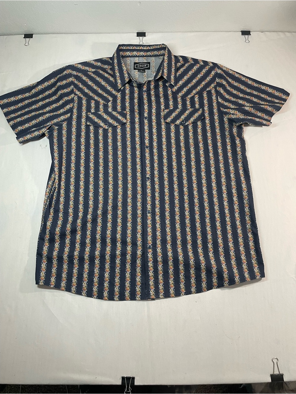 Gibson Navy Short-Sleeve Button-Up with Cream & Tan Stripes
